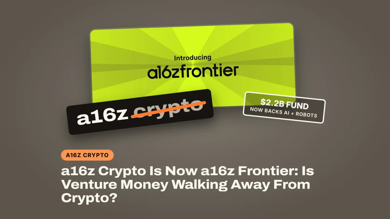 a16z frontier announcement artwork with an a16z crypto sign, crypto struck out, and a tag reading $2.2B fund now backs AI and robots