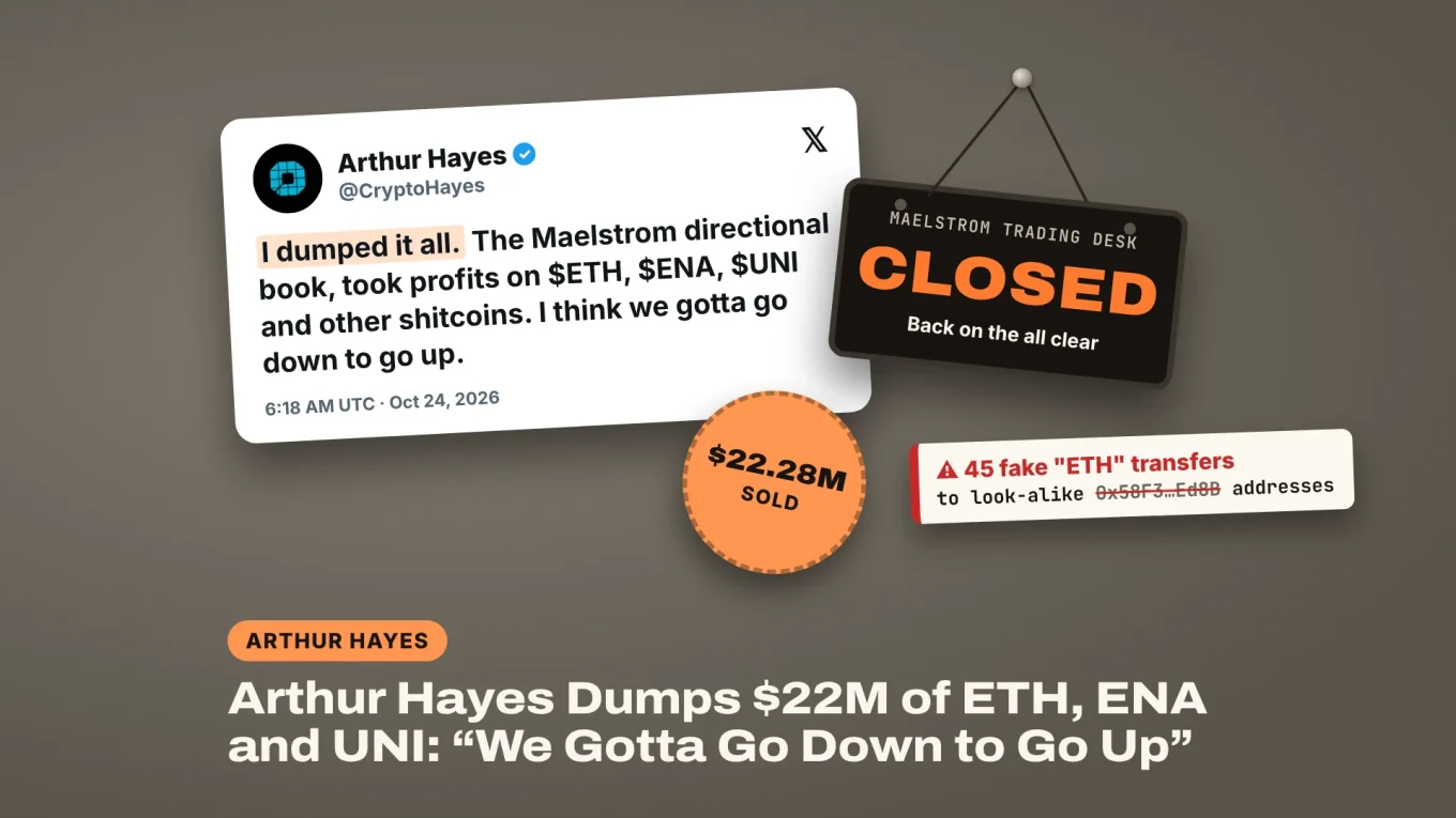 Arthur Hayes dumps ETH, ENA and UNI: his X post "I dumped it all" next to a CLOSED sign on the Maelstrom trading desk, a $22.28M SOLD sticker and a warning about 45 fake ETH transfers