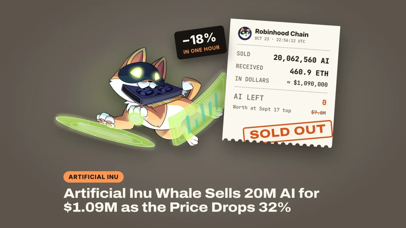 Artificial Inu whale sale: a receipt for 20,062,560 AI sold for 460.9 ETH, about $1,090,000, stamped SOLD OUT, next to the Artificial Inu dog biting a GPU