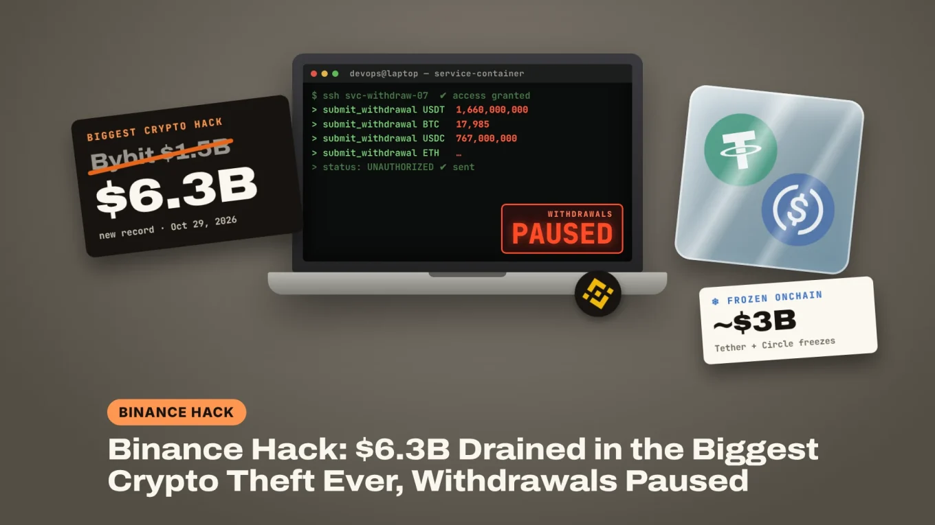 Binance hack: a compromised laptop sending unauthorized withdrawals with withdrawals paused, Bybit's $1.5B record struck out for $6.3B, and USDT and USDC frozen in a block of ice tagged ~$3B