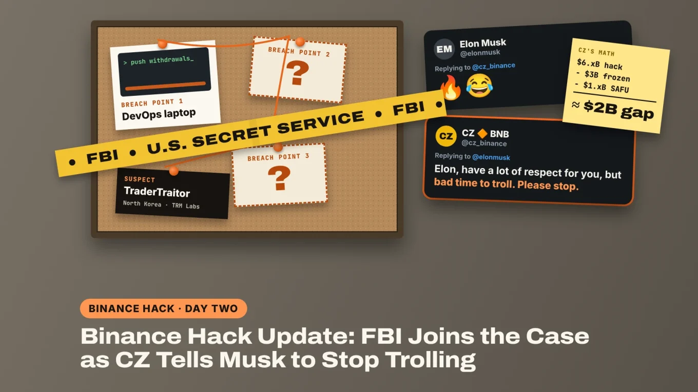 Binance hack update: police tape reading FBI and Secret Service across the case file, with Elon Musk's laughing reply and CZ's reply asking him to stop trolling