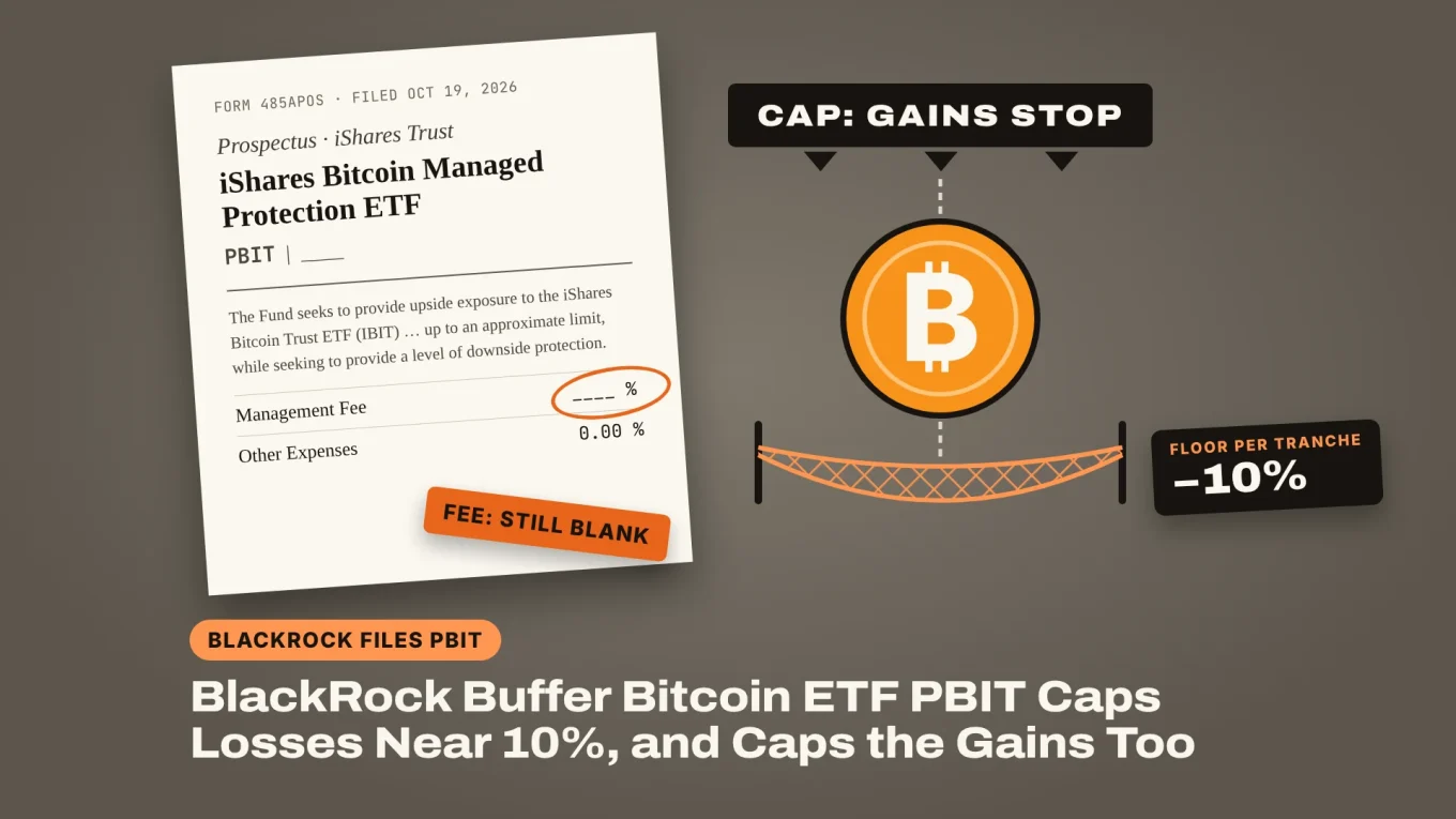 BlackRock buffer Bitcoin ETF PBIT: a bitcoin held between a cap that stops gains and a safety net at -10%, next to the SEC prospectus with the management fee left blank