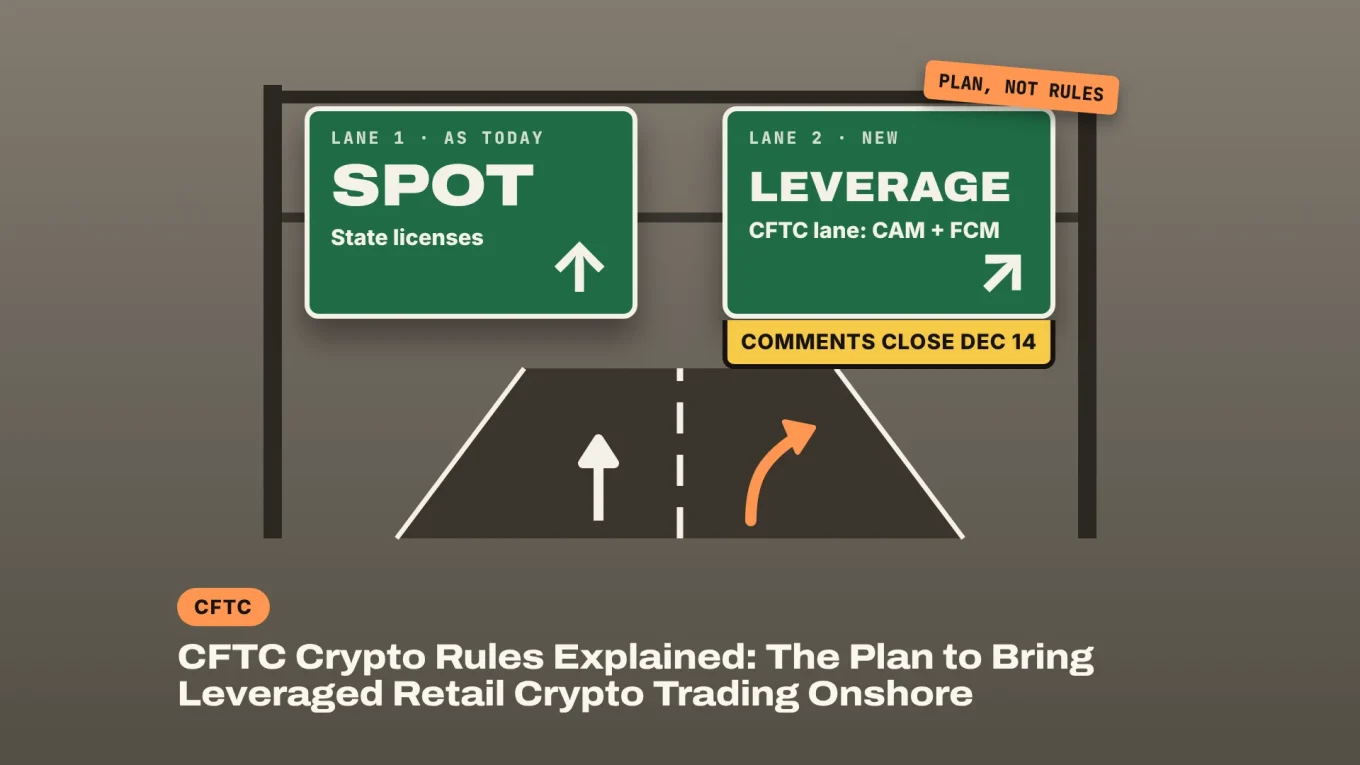 CFTC crypto rules: a motorway sign sends spot trading to state licenses and leveraged trading to a new CFTC lane