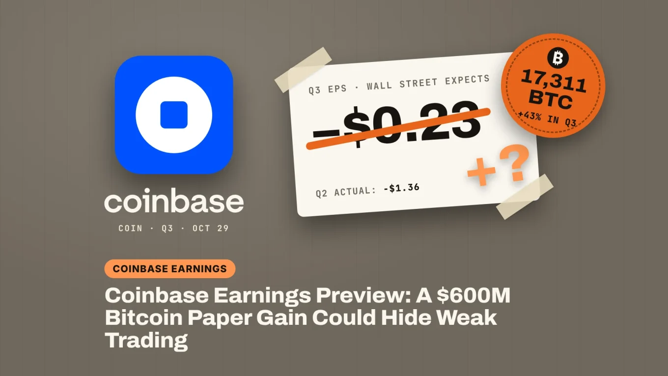 Coinbase earnings banner: the Q3 EPS estimate of minus $0.23 struck out next to a sticker for Coinbase's 17,311 bitcoin, up 43% in Q3