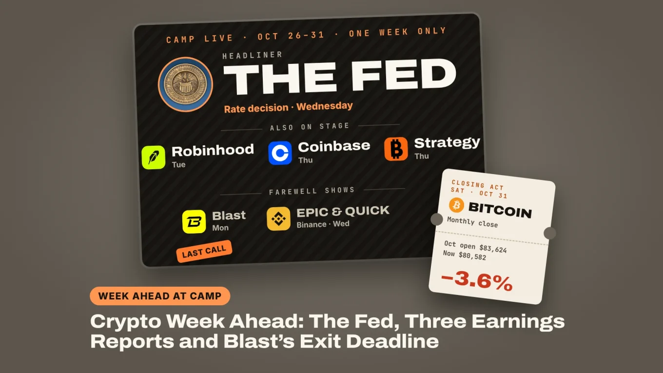 Crypto week ahead October 26 to 31: festival poster with the Fed as headliner, Robinhood, Coinbase and Strategy on stage, Blast and EPIC and QUICK as farewell shows, and a bitcoin monthly close ticket at -3.6%