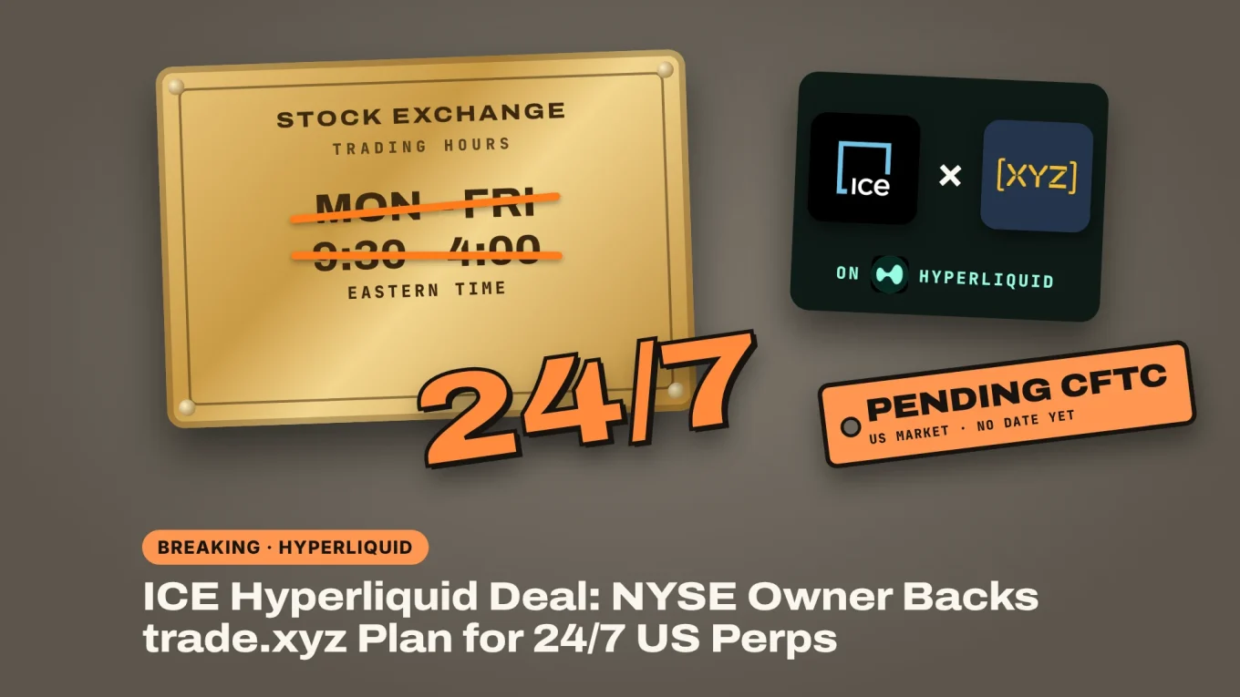 ICE Hyperliquid deal: a stock exchange market-hours plaque with Monday to Friday hours struck out and 24/7 written over it, next to the ICE and trade.xyz logos