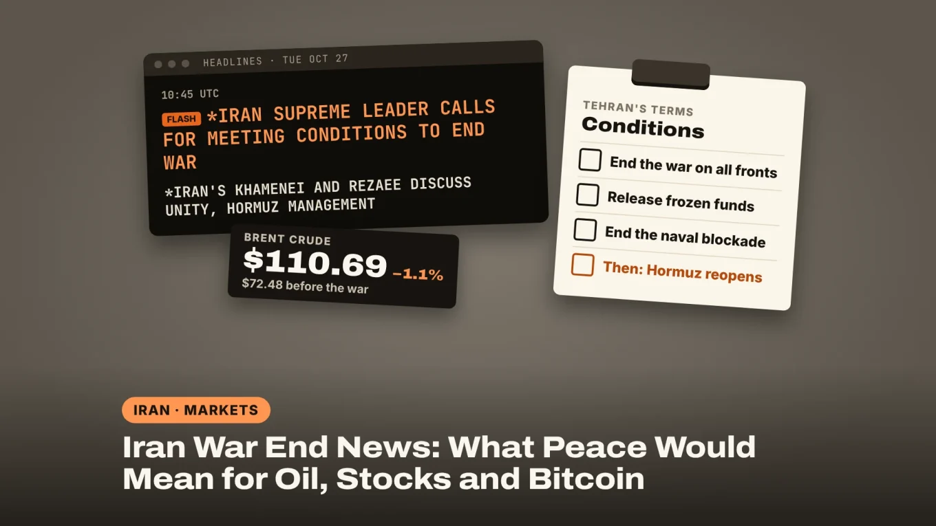 Iran war end news: a news terminal flashing 'Iran supreme leader calls for meeting conditions to end war', Tehran's unticked conditions list and Brent crude at $110.69