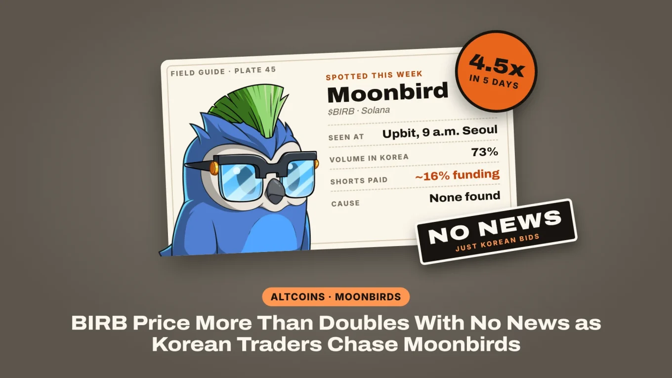 BIRB price: a field-guide card of a Moonbirds owl spotted on Upbit at 9 a.m. Seoul, 4.5x in 5 days, with a NO NEWS stamp