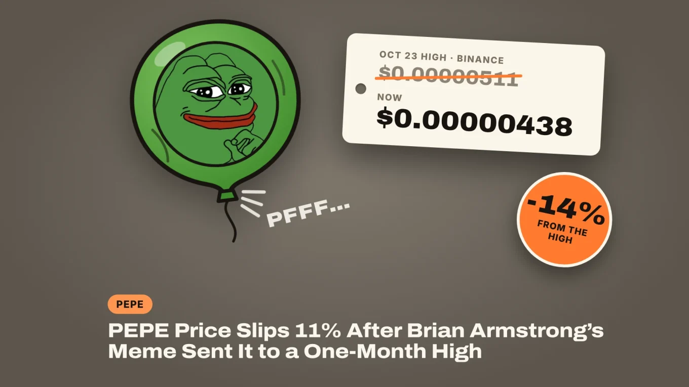PEPE price rally fades: a PEPE balloon losing air next to a price tag showing the $0.00000511 high struck out and $0.00000438 now, -14% from the high