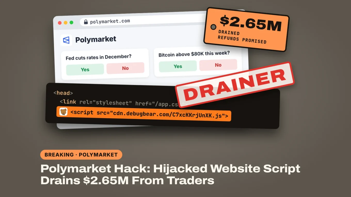 Polymarket hack: a browser window of Polymarket.com with a highlighted third-party script tag marked as a drainer and a tag showing $2.65M drained
