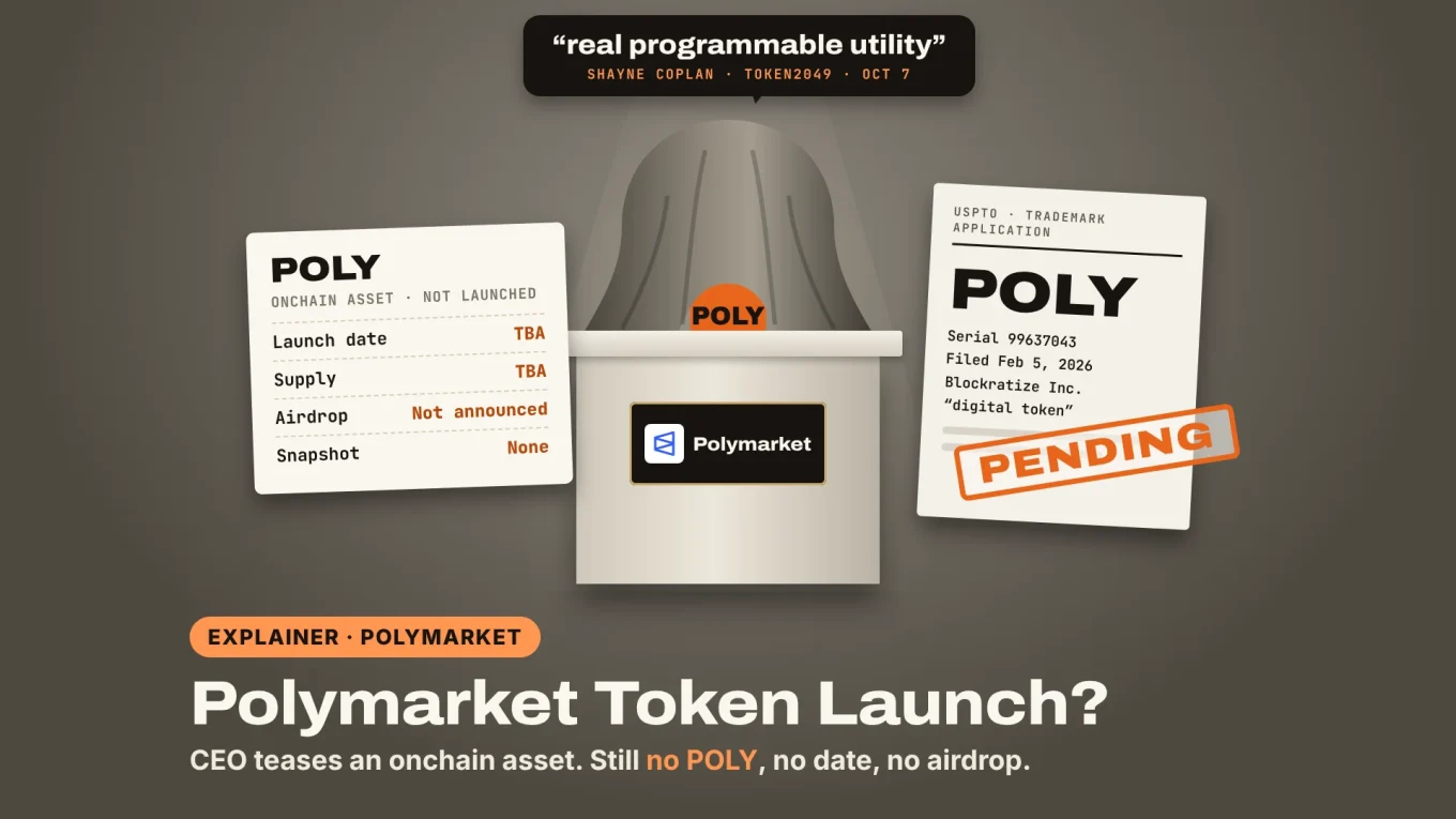 Polymarket token launch: a coin marked POLY under a drape on a Polymarket pedestal, a placard listing launch date and supply as TBA, and the USPTO POLY trademark filing stamped pending
