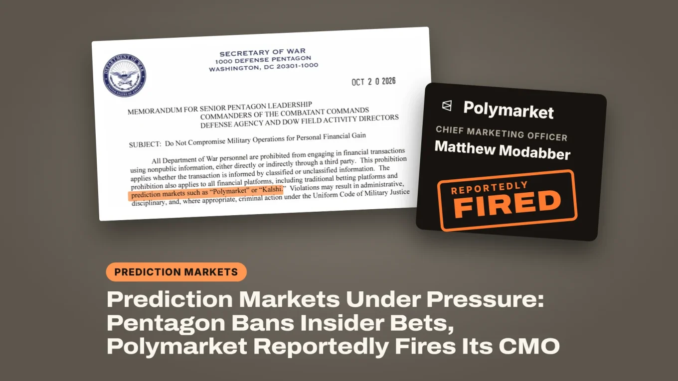 Pentagon memo naming Polymarket and Kalshi next to a Polymarket CMO card stamped reportedly fired