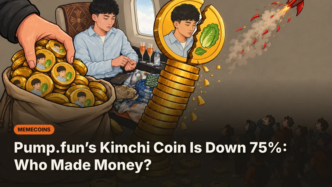 Pump.fun’s Kimchi Coin Is Down 75%: Who Made Money? Cartoon of a hand scooping Kimchi coins into a sack while the coin stack cracks and small traders look on