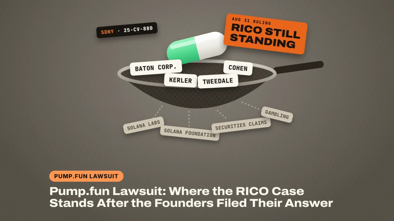 Pump.fun lawsuit: Baton Corp and founders Cohen, Kerler and Tweedale stay in a sieve under a RICO STILL STANDING tag while Solana Labs, Solana Foundation, securities claims and gambling fall through