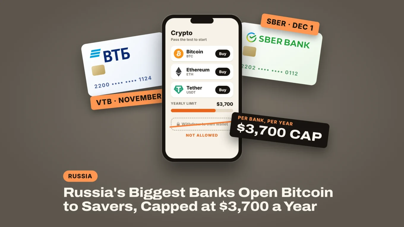 Russia crypto trading: a banking app with Bitcoin, Ethereum and USDT, a $3,700 yearly cap and a locked withdraw button, between VTB and Sber bank cards