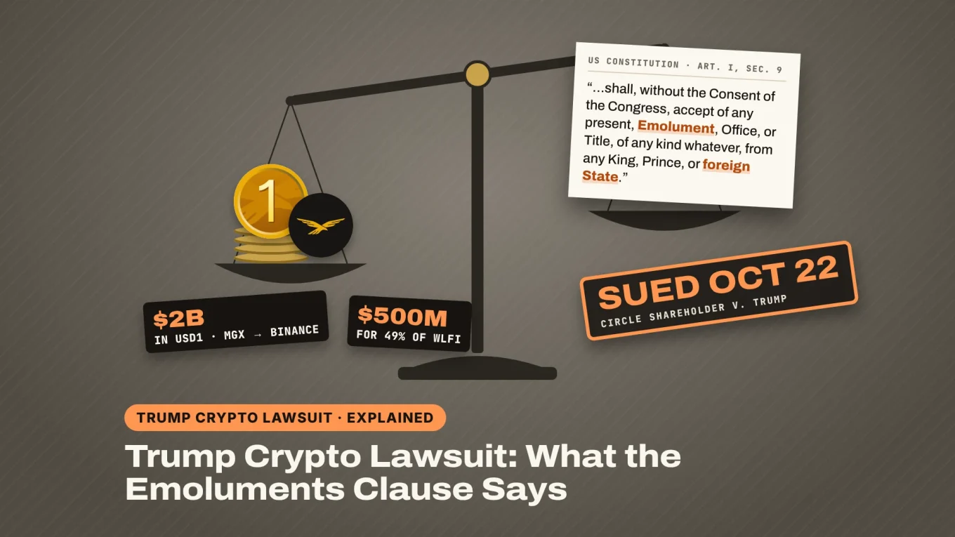 Trump crypto lawsuit: a scale of justice weighing $2B in USD1 against the emoluments clause
